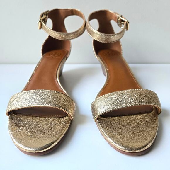 Tory Burch NEW Savannah Wedge Cracked Gold Leather Sandal Womens Size 9.5 NWOT - Picture 7 of 15